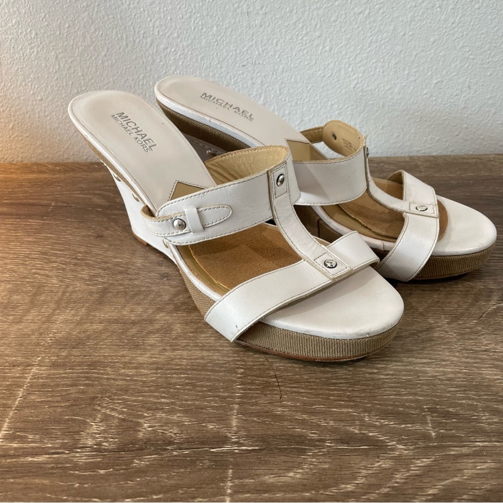 Michael Kors White and Tan Wedge Sandals